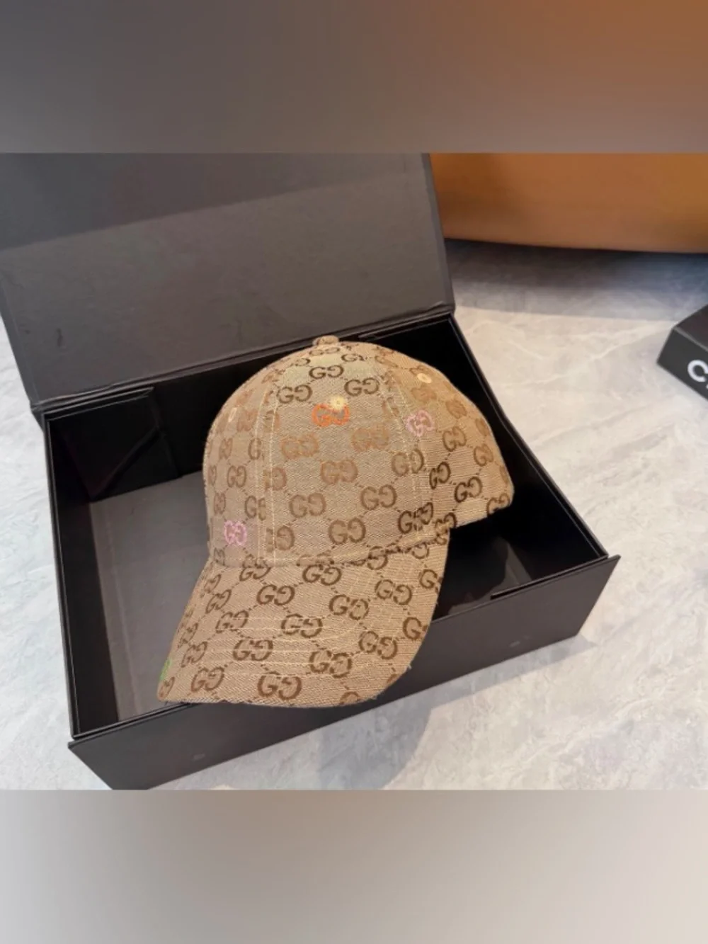 Gucci Kids Beige GG Monogram Baseball Cap with Multicolor Embroidery